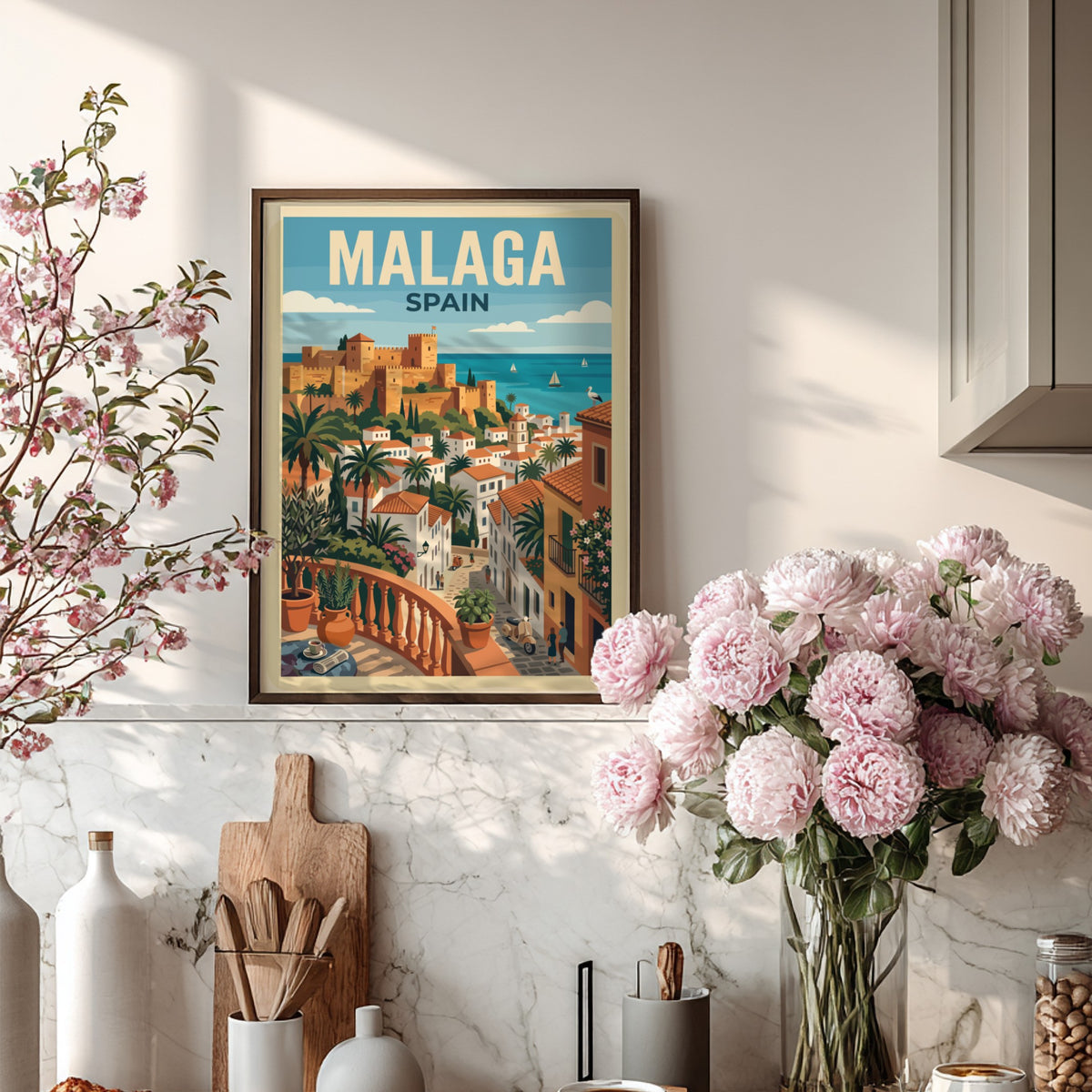 Travel poster of Malaga Spain featuring a historic fortress overlooking white buildings and sea.