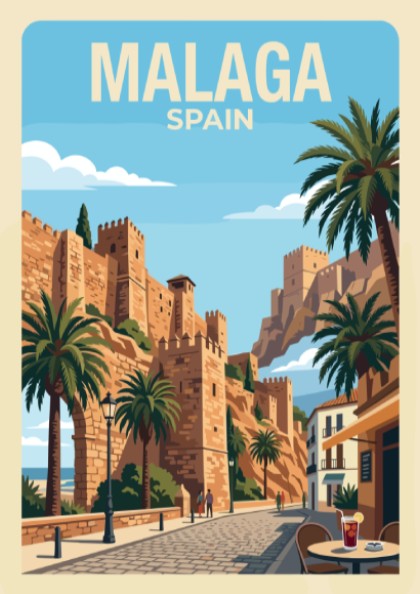 Poster of Malaga Spain featuring historic stone fortress walls, palm trees, and cobblestone streets.