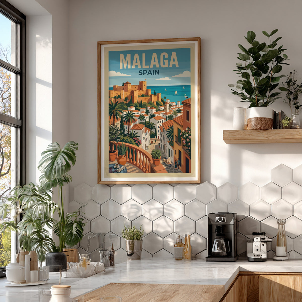 Travel poster of Malaga Spain featuring a historic fortress overlooking white buildings and sea.