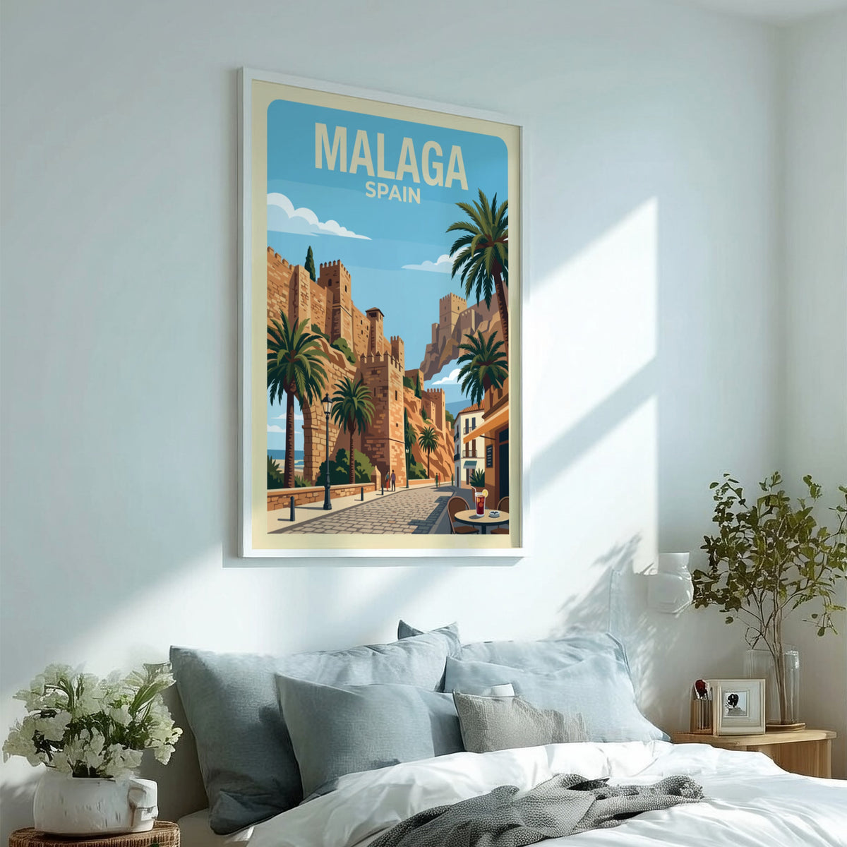 Poster of Malaga Spain featuring historic stone fortress walls, palm trees, and cobblestone streets.