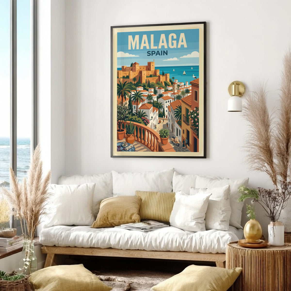 Travel poster of Malaga Spain featuring a historic fortress overlooking white buildings and sea.