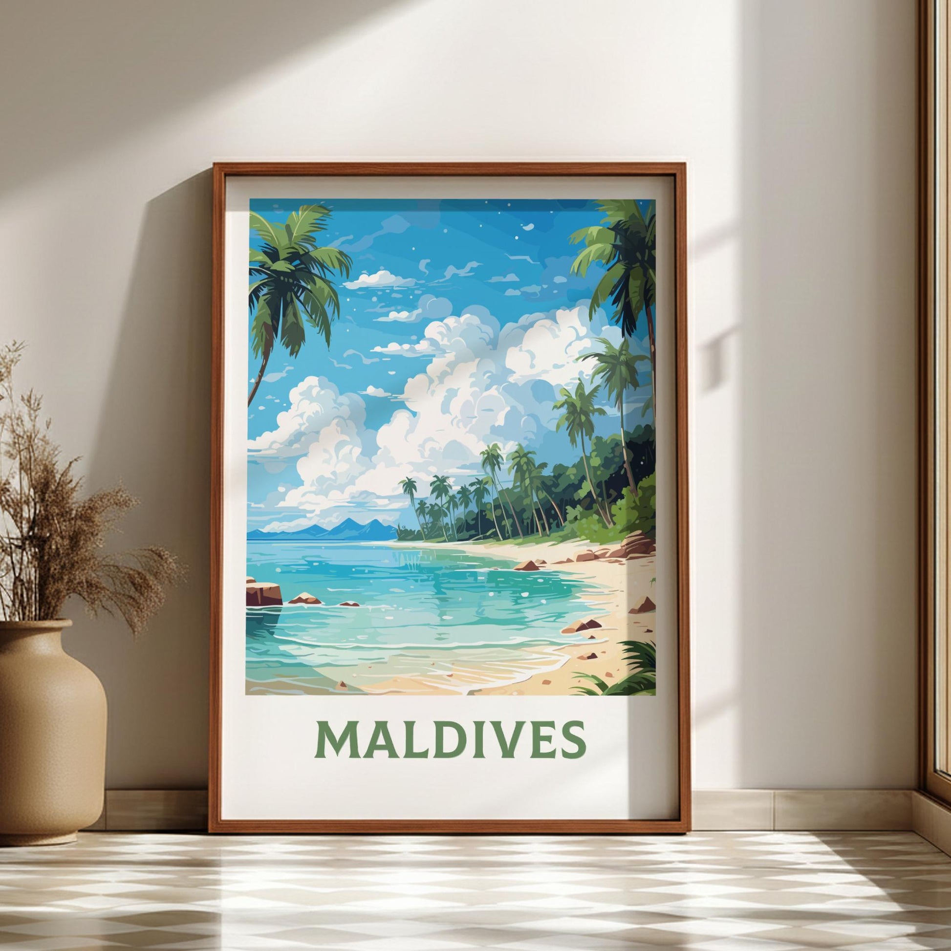 Framed artwork of the Maldives with a beach and palm trees on a wall.