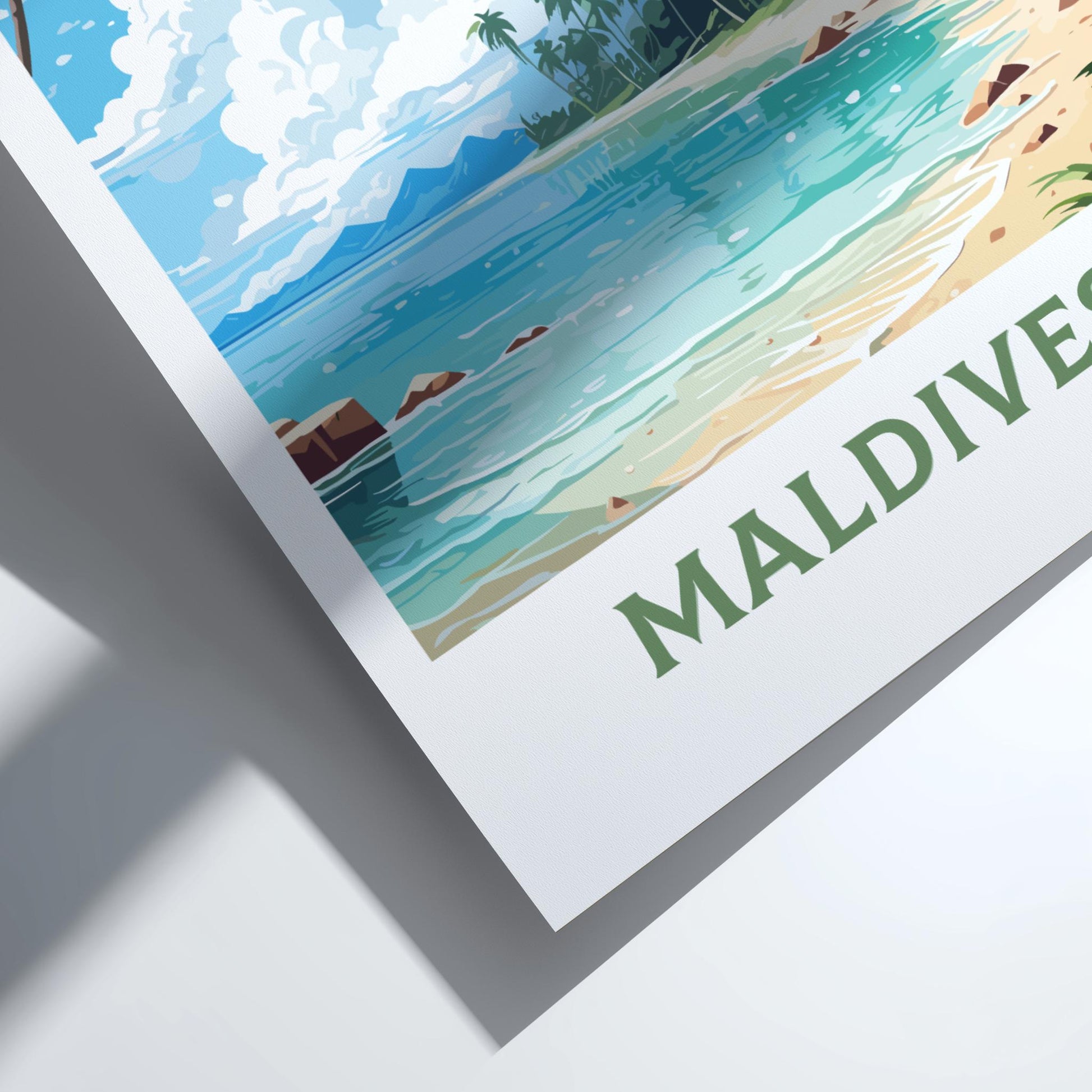 Poster of a beach scene with 'Maldives' text on a white background
