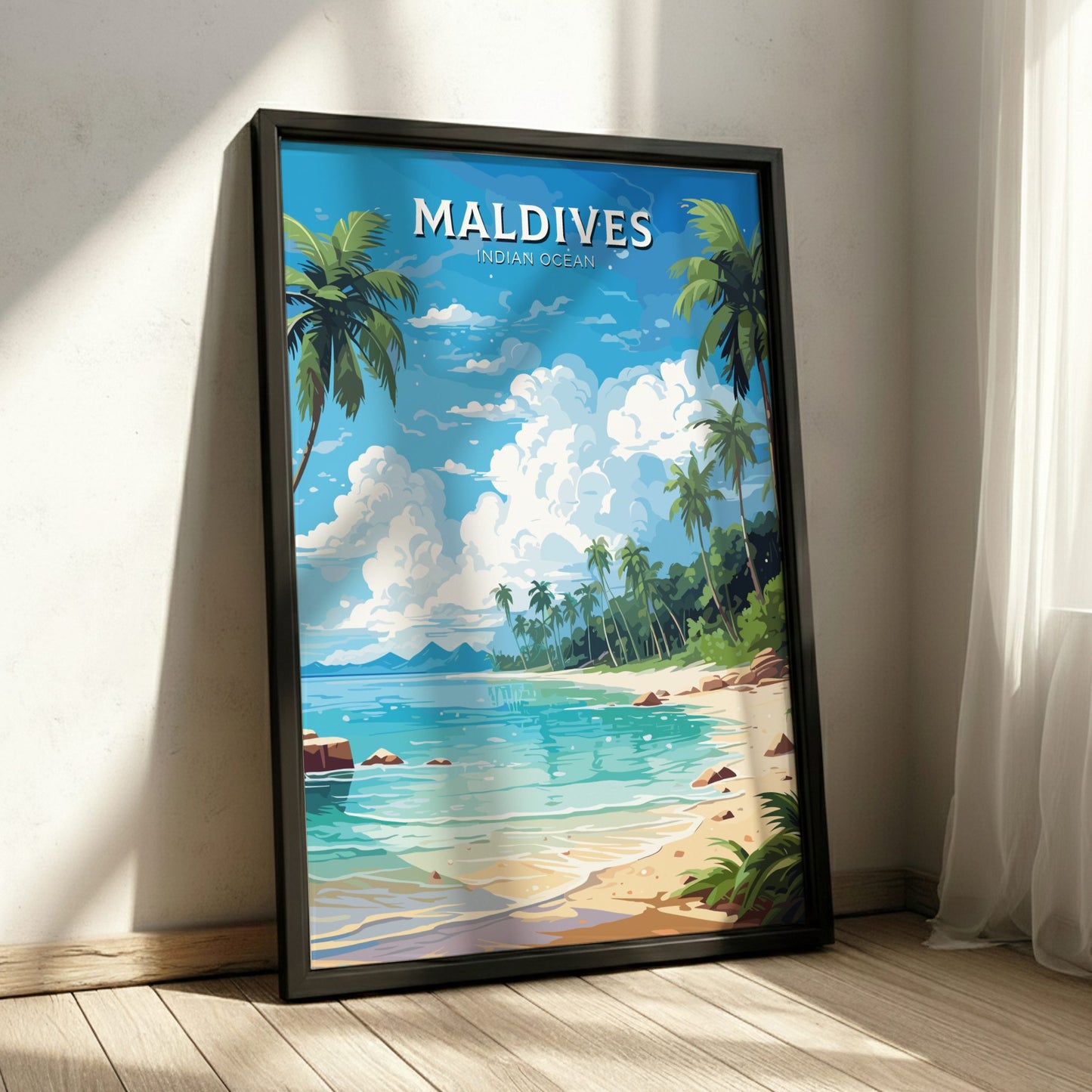 Framed artwork of the Maldives with palm trees and blue sky.