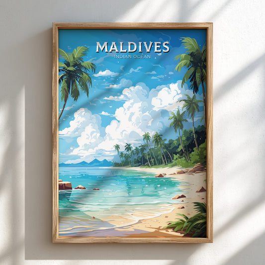 Framed artwork of a tropical beach scene with palm trees and blue sky, labeled 'Maldives'.