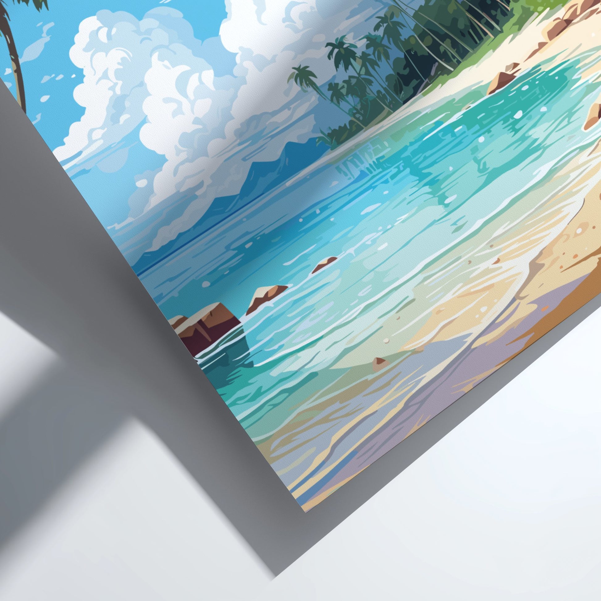 Colorful illustration of a beach scene with blue water, sand, and palm trees.