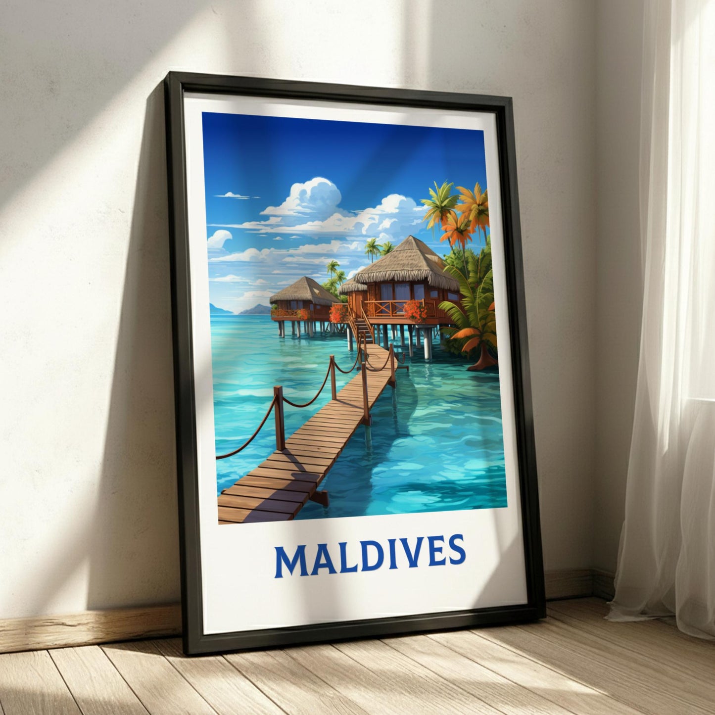 Framed artwork of the Maldives with a tropical scene and 'Maldives' text.