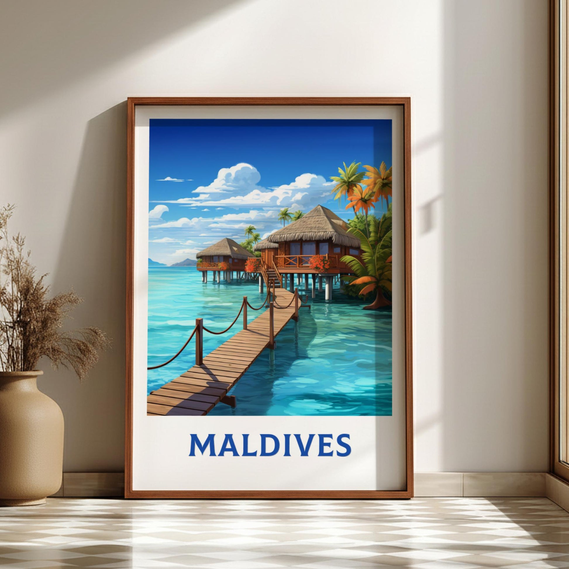 Framed artwork of Maldives with overwater bungalows and a wooden dock.