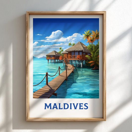 Framed artwork of Maldives with overwater bungalows and a wooden dock.