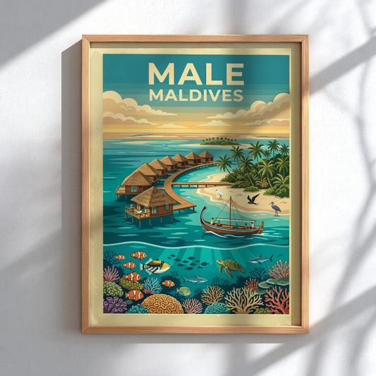 Travel poster of Male Maldives featuring overwater bungalows and vibrant coral reef marine life