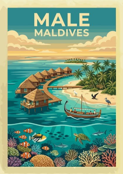 Travel poster of Male Maldives featuring overwater bungalows and vibrant coral reef marine life