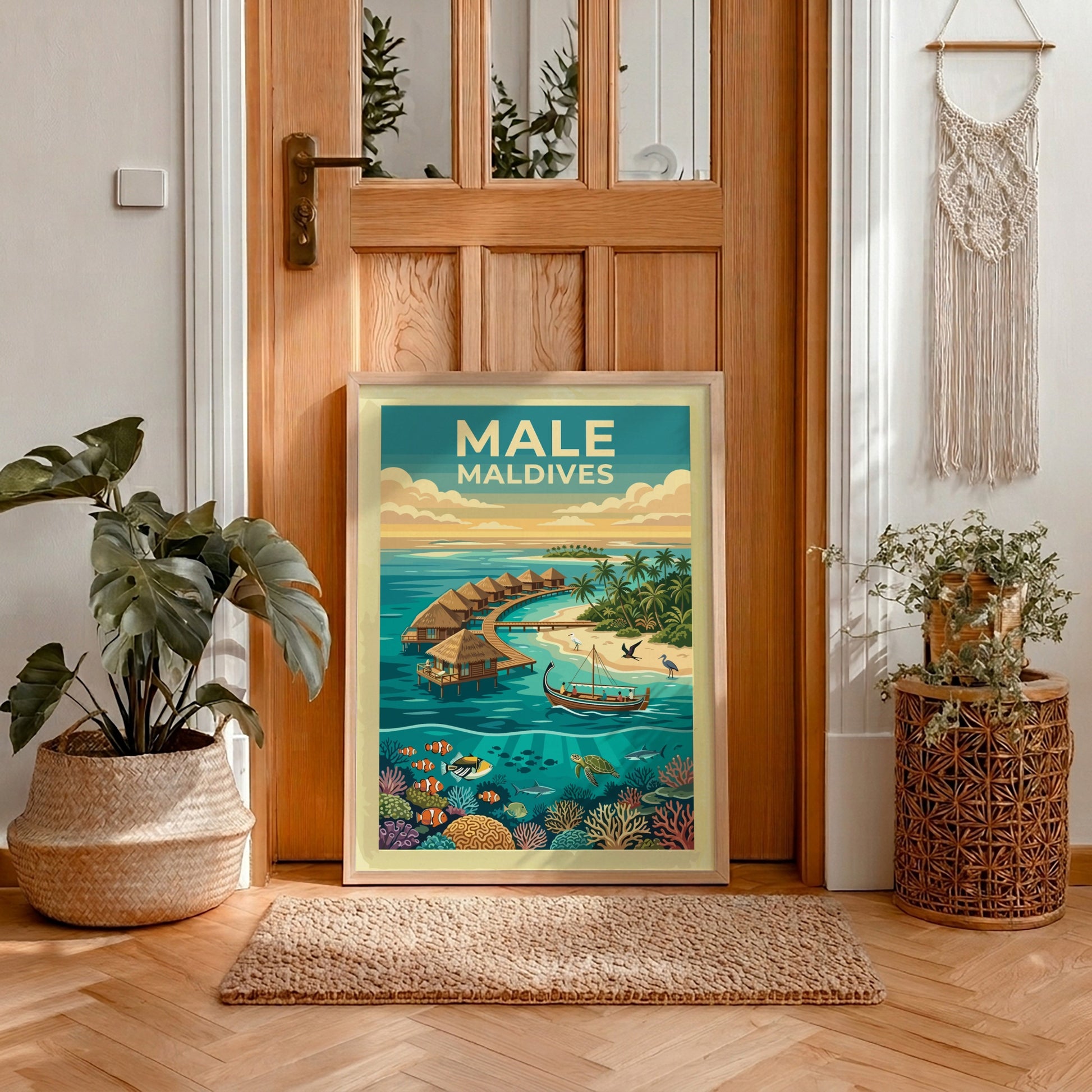 Travel poster of Male Maldives featuring overwater bungalows and vibrant coral reef marine life