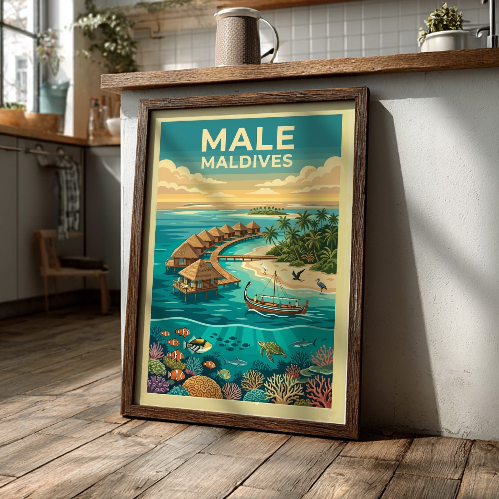 Travel poster of Male Maldives featuring overwater bungalows and vibrant coral reef marine life