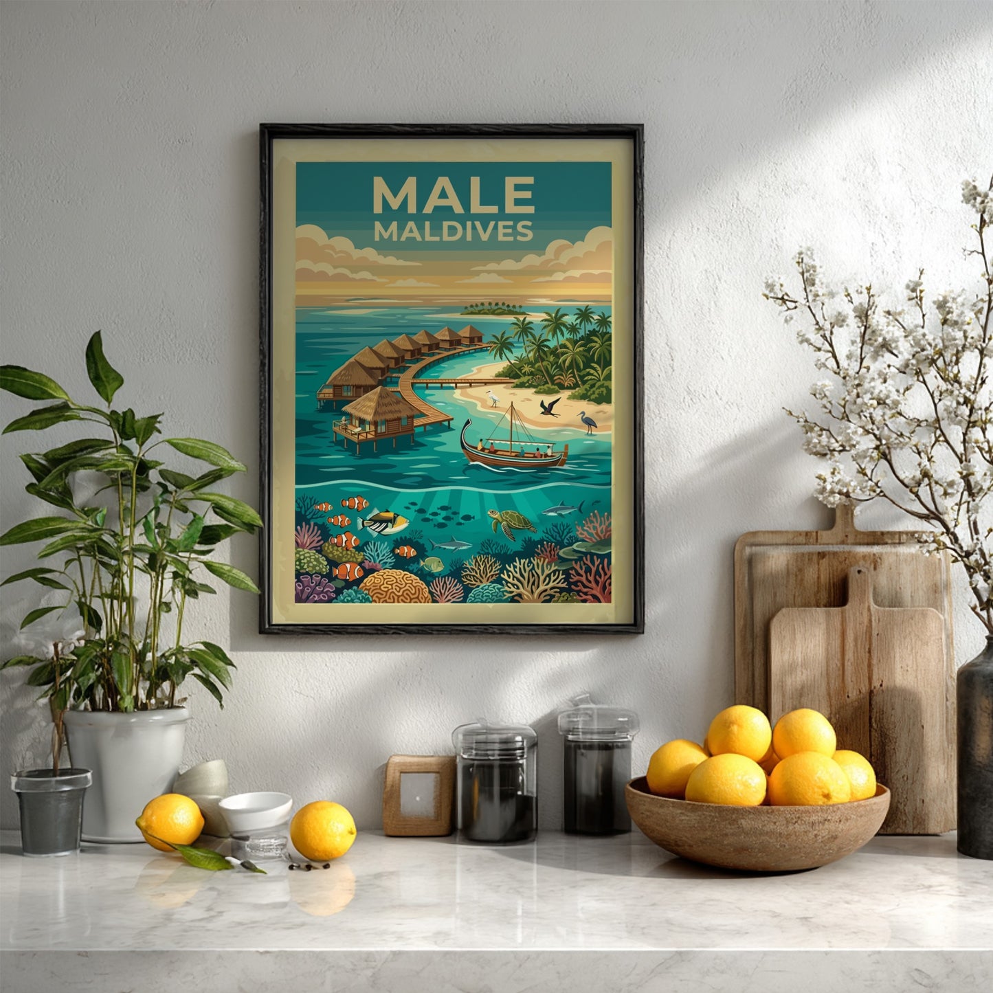 Travel poster of Male Maldives featuring overwater bungalows and vibrant coral reef marine life
