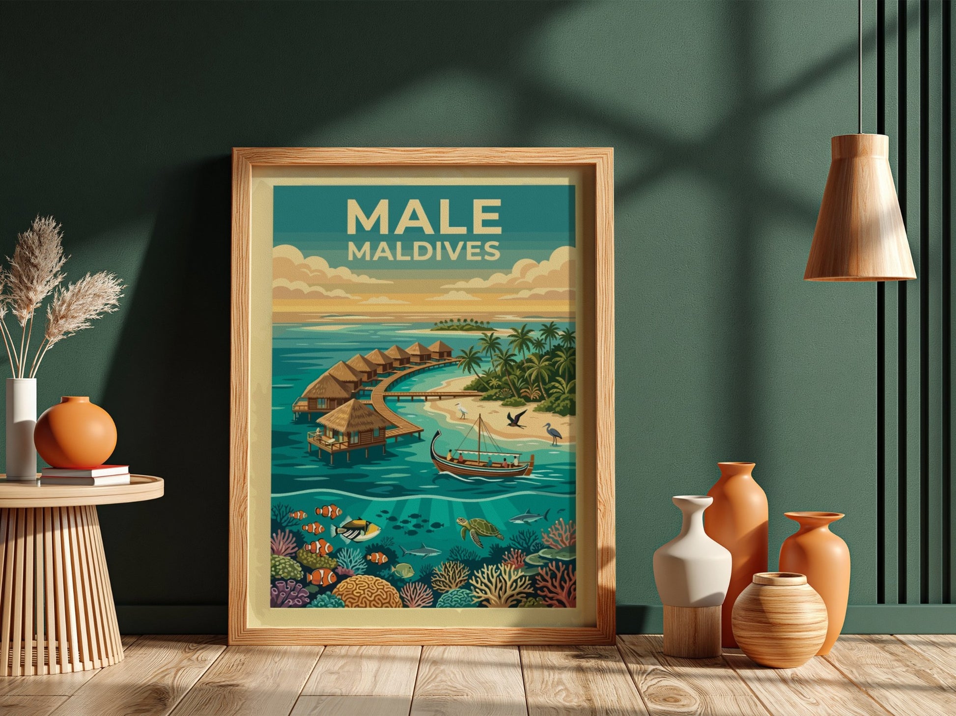 Travel poster of Male Maldives featuring overwater bungalows and vibrant coral reef marine life