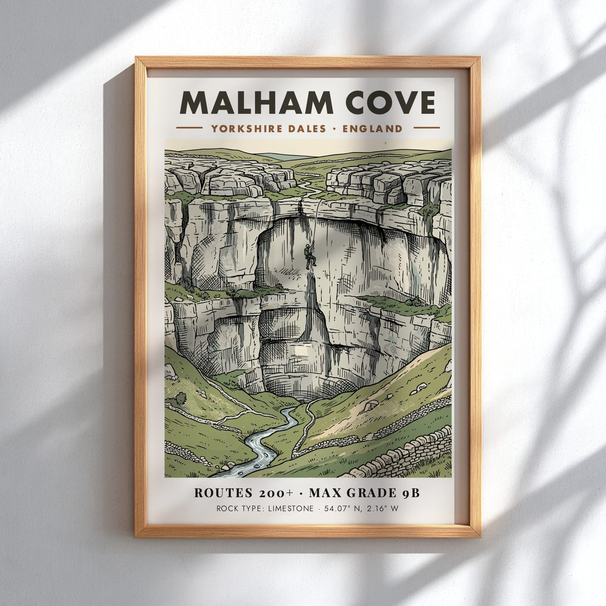 Poster featuring Malham Cove in the Yorkshire Dales with a climber on limestone.