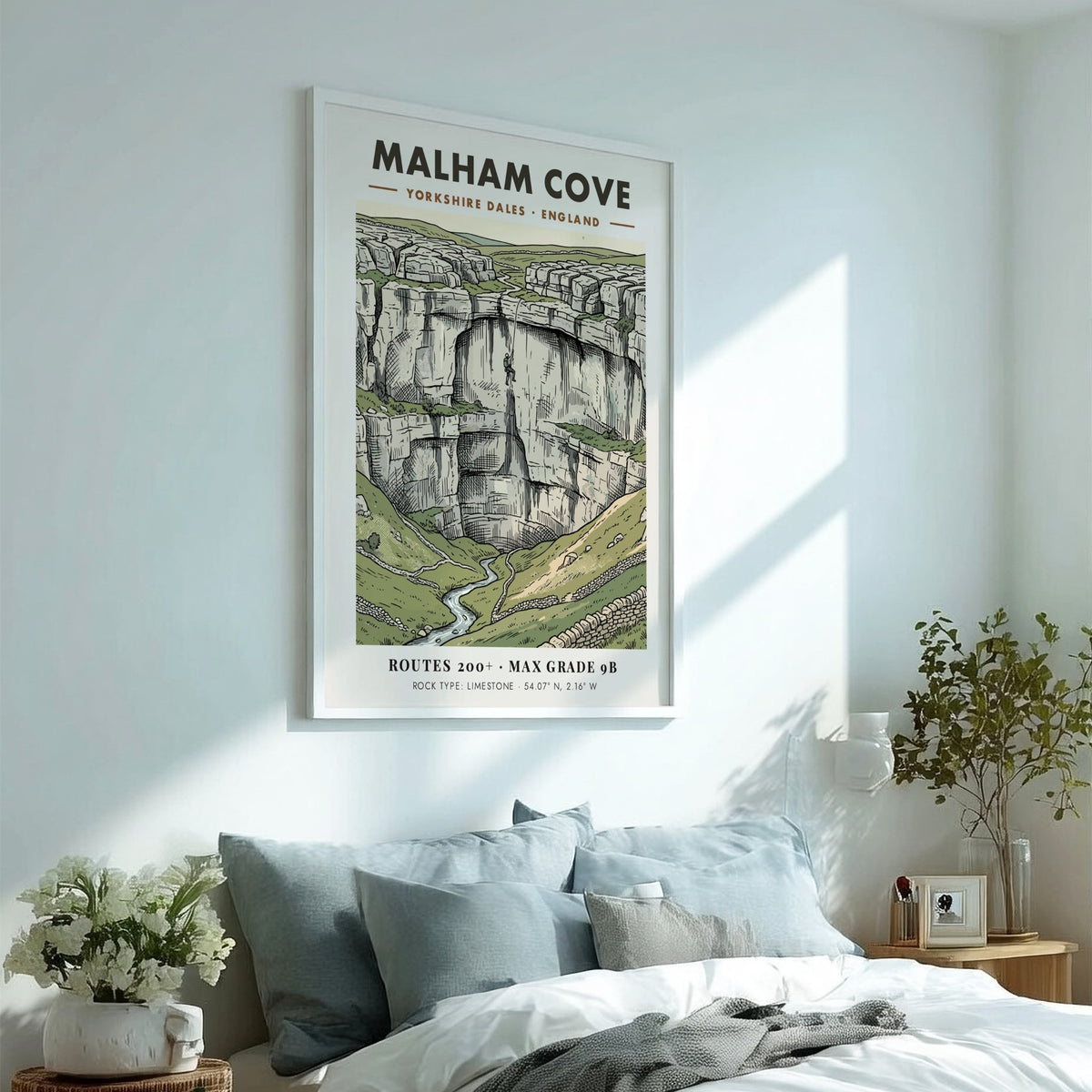 Poster featuring Malham Cove in the Yorkshire Dales with a climber on limestone.