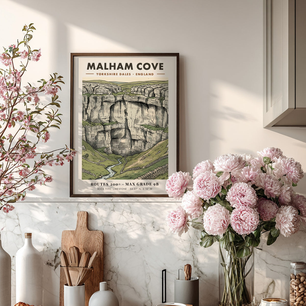Poster featuring Malham Cove in the Yorkshire Dales with a climber on limestone.