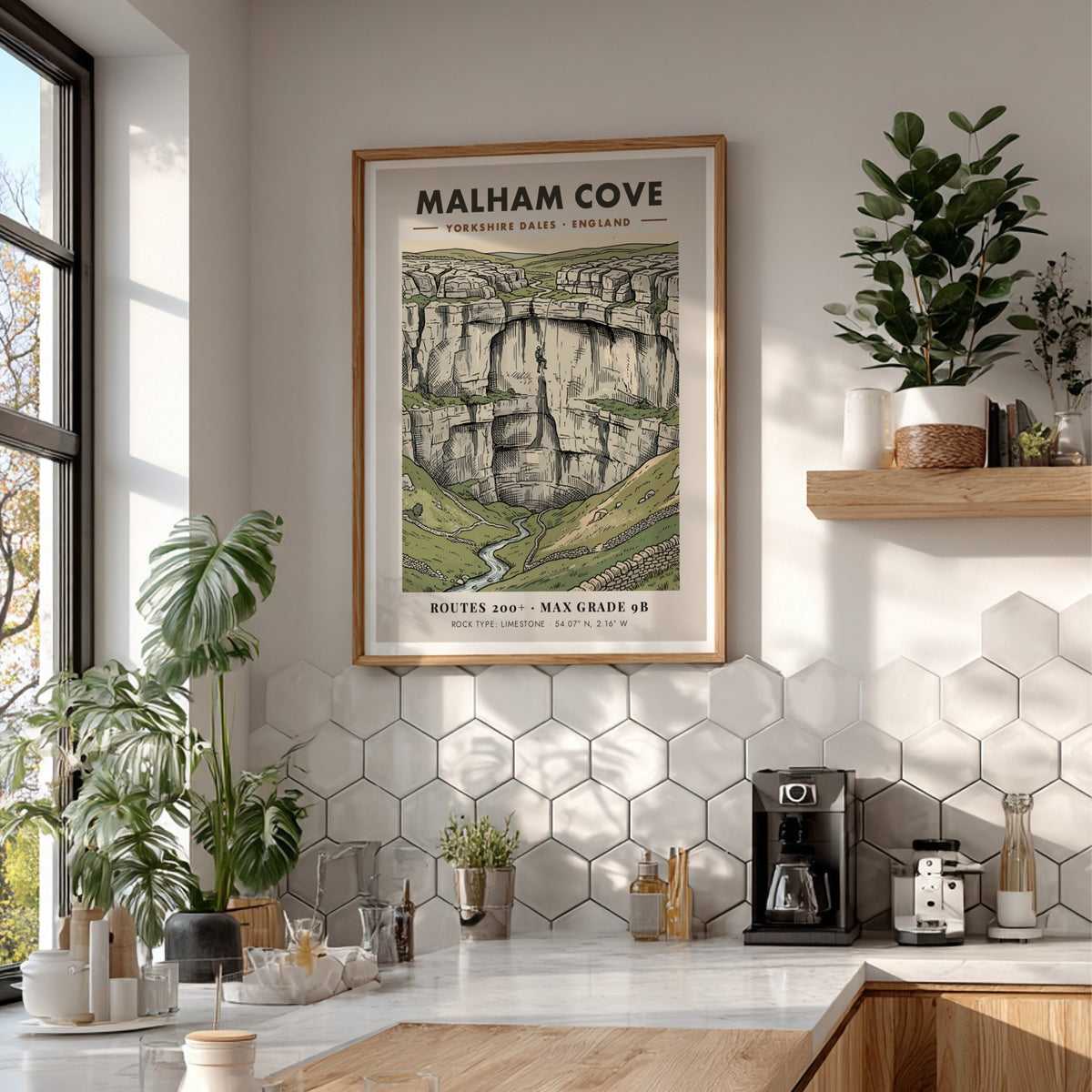 Poster featuring Malham Cove in the Yorkshire Dales with a climber on limestone.