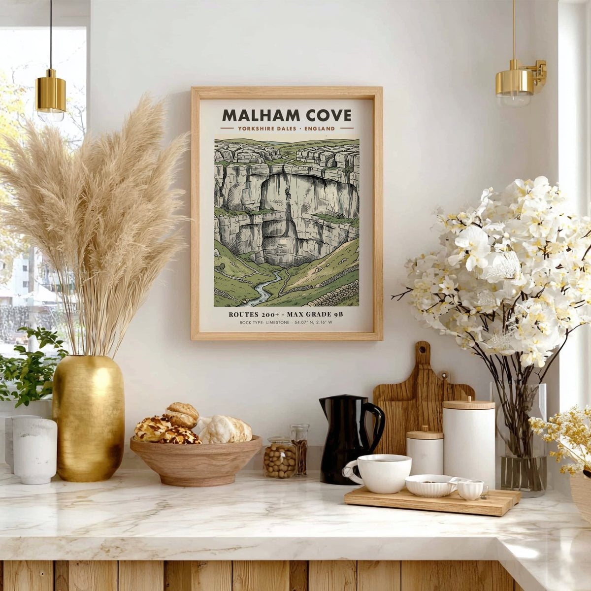 Poster featuring Malham Cove in the Yorkshire Dales with a climber on limestone.