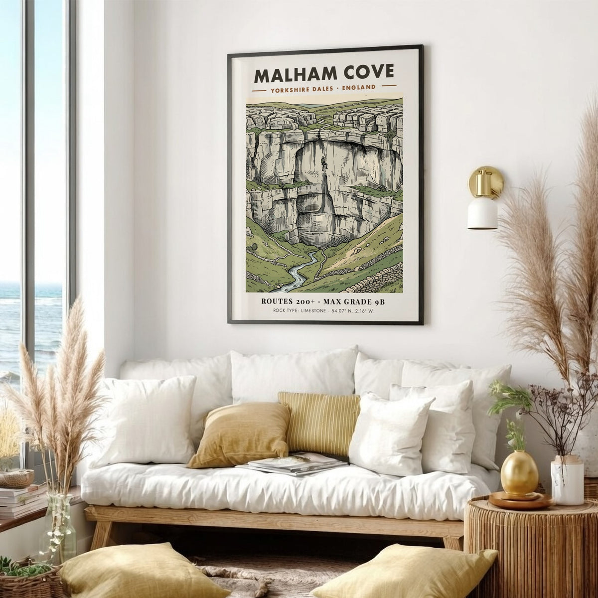 Poster featuring Malham Cove in the Yorkshire Dales with a climber on limestone.