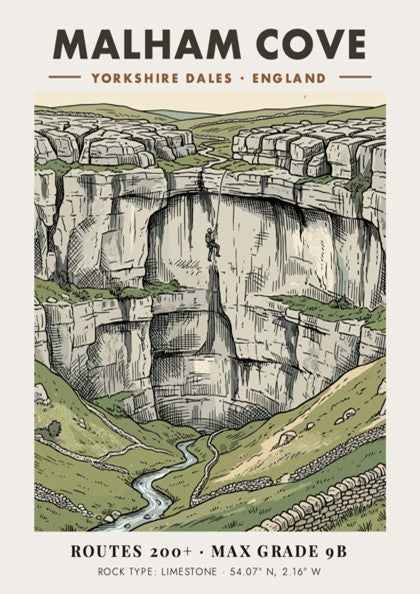 Poster featuring Malham Cove in the Yorkshire Dales with a climber on limestone.