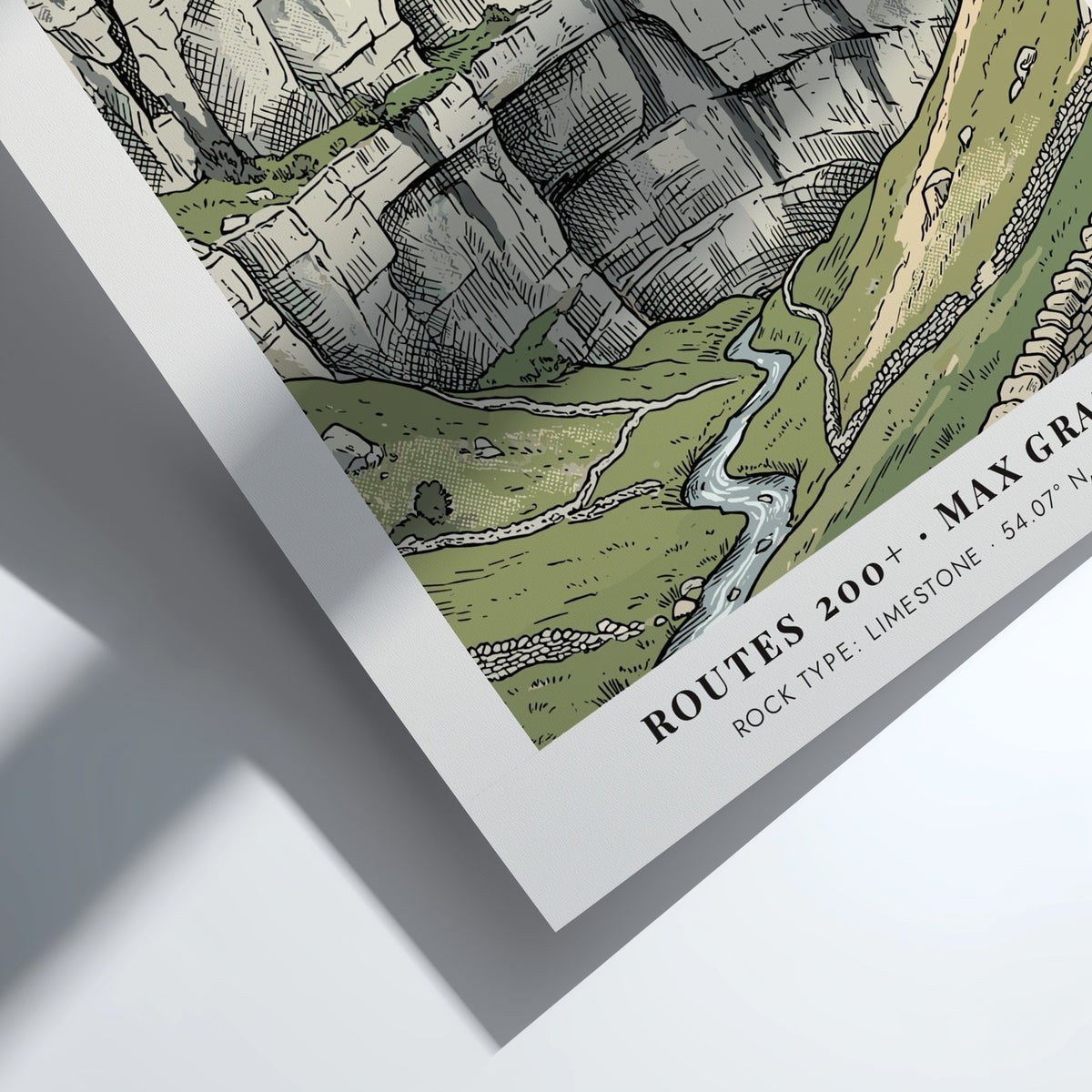 Poster featuring Malham Cove in the Yorkshire Dales with a climber on limestone.