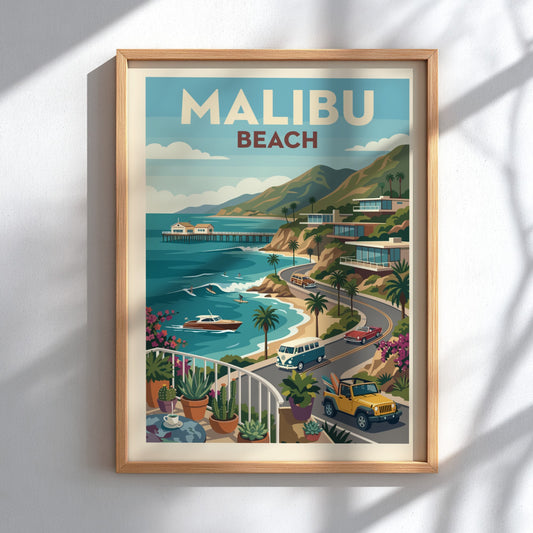 Retro illustration of Malibu Beach with vintage cars, coastal homes, and the ocean.