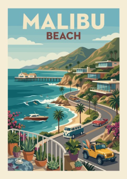 Malibu Beach Poster - Coastal Wall Art, Retro Print, Travel Decor