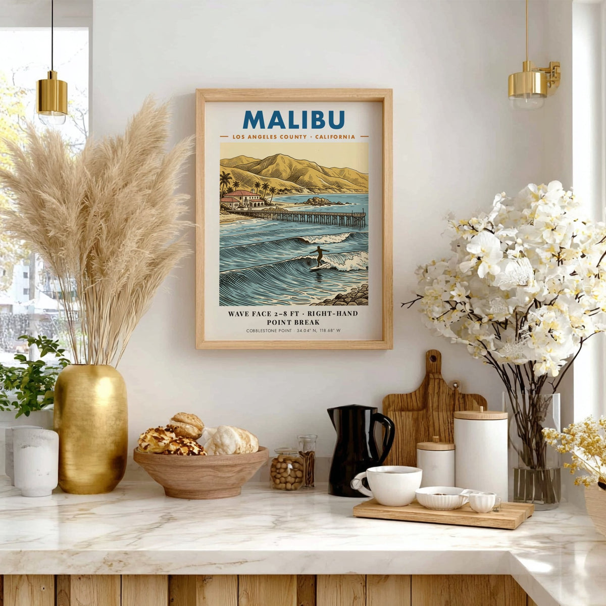 Poster of Malibu California surf break with a pier and golden coastal hills