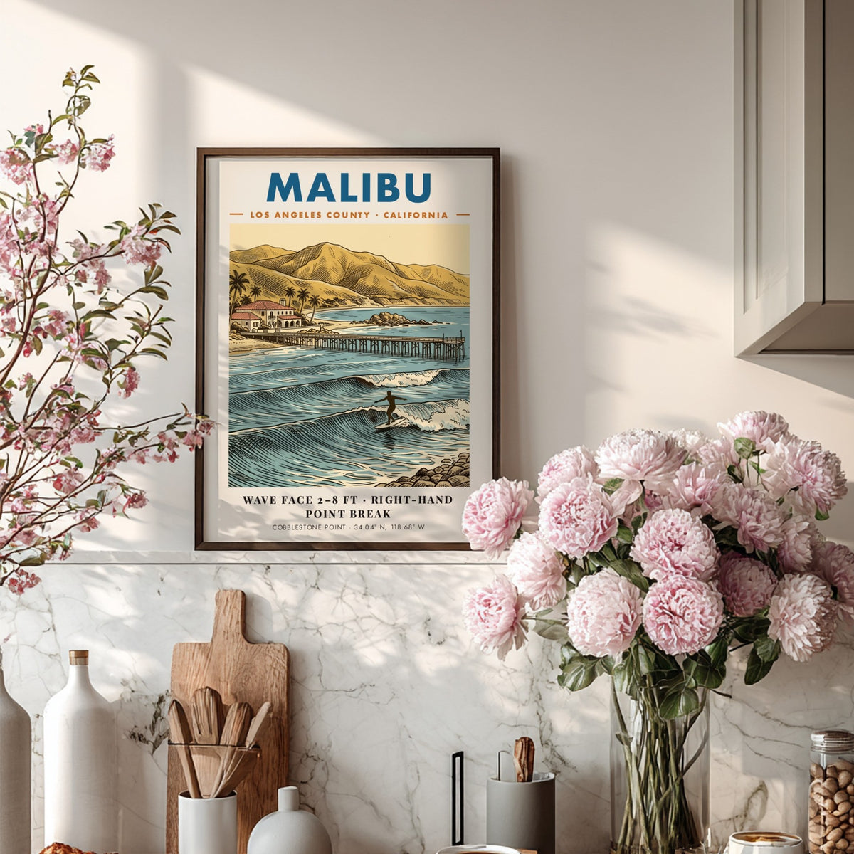 Poster of Malibu California surf break with a pier and golden coastal hills