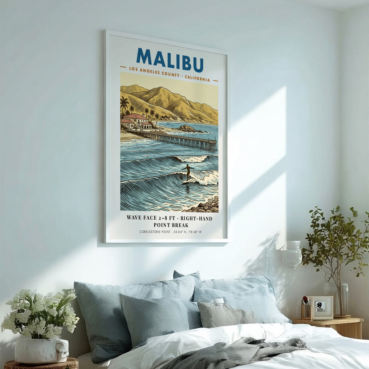 Poster of Malibu California surf break with a pier and golden coastal hills