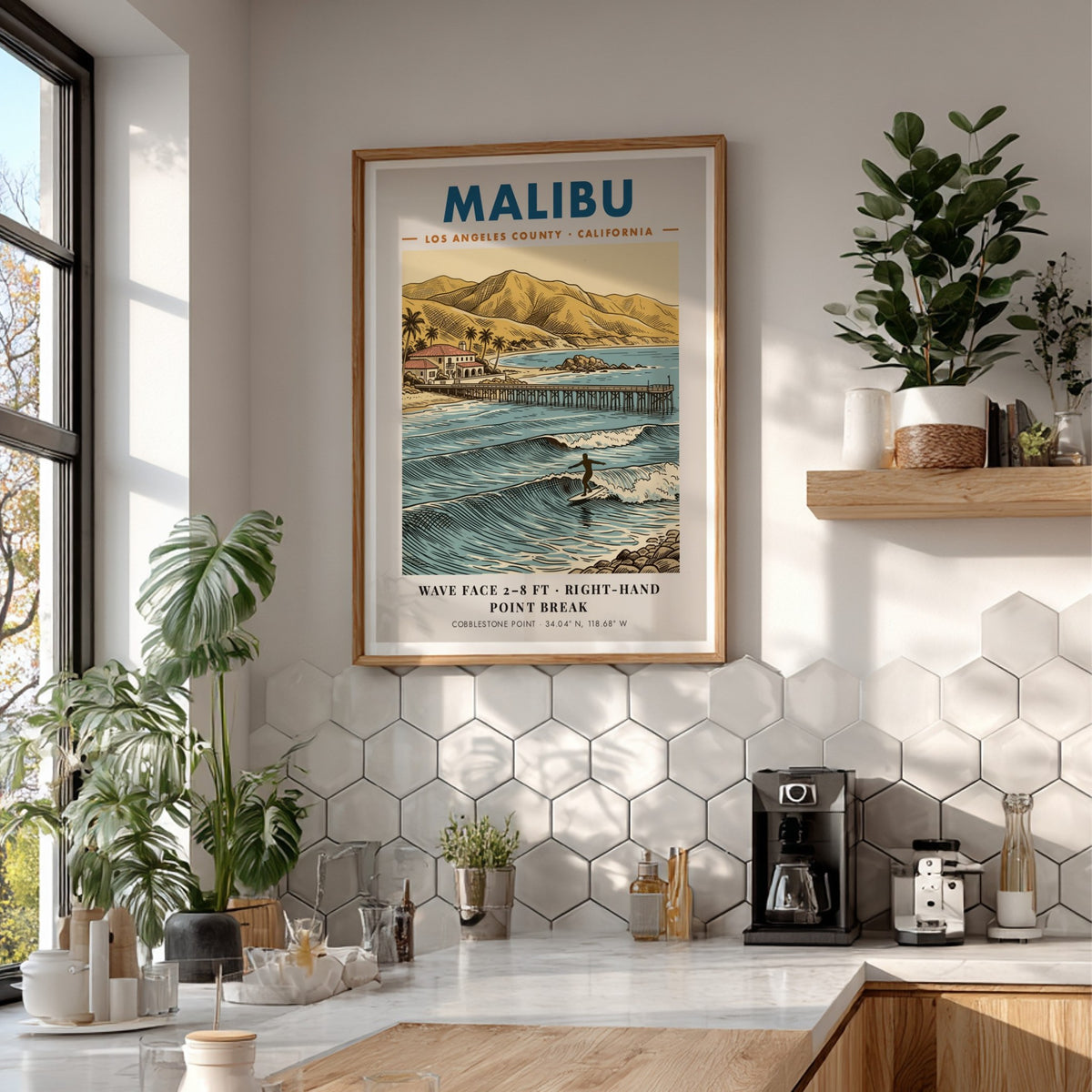 Poster of Malibu California surf break with a pier and golden coastal hills