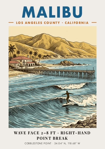 Poster of Malibu California surf break with a pier and golden coastal hills