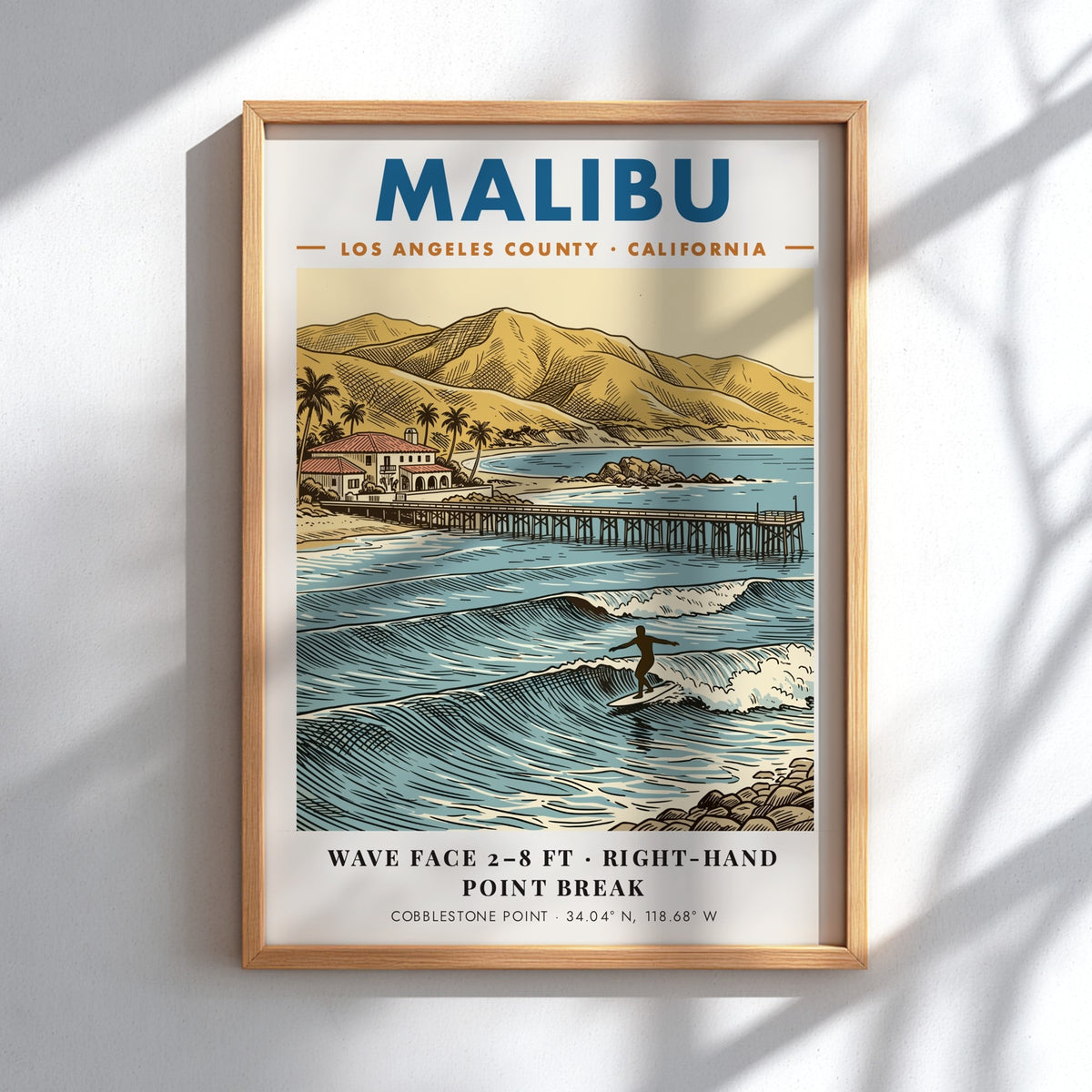 Poster of Malibu California surf break with a pier and golden coastal hills