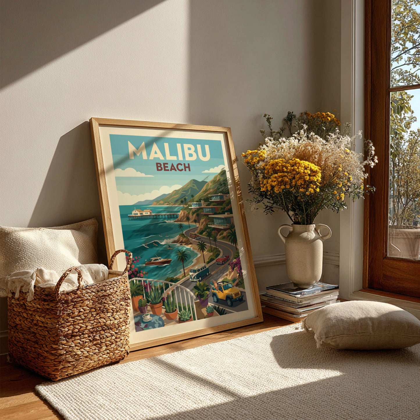 Retro illustration of Malibu Beach with vintage cars, coastal homes, and the ocean.