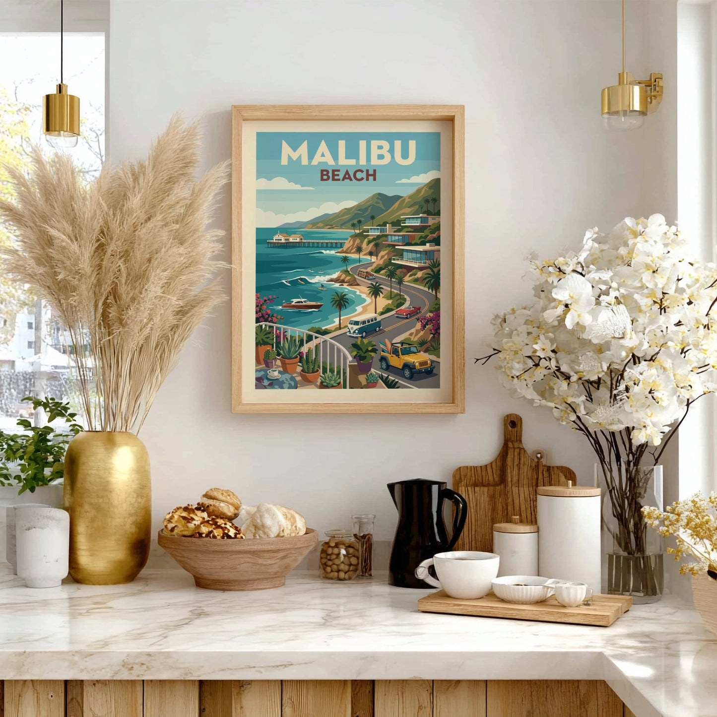 Retro illustration of Malibu Beach with vintage cars, coastal homes, and the ocean.