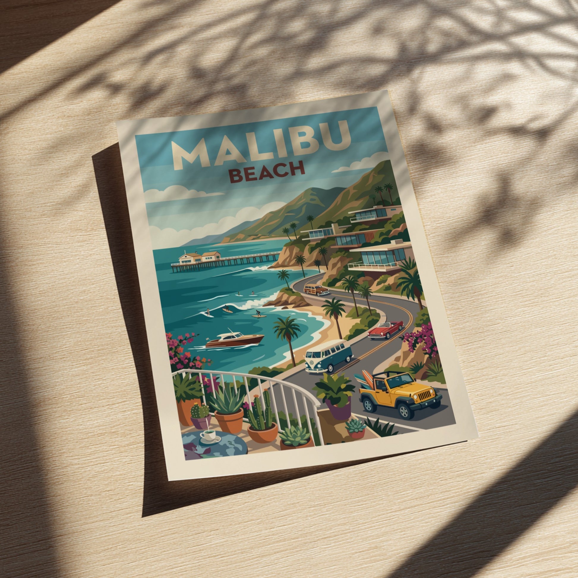 Retro illustration of Malibu Beach with vintage cars, coastal homes, and the ocean.