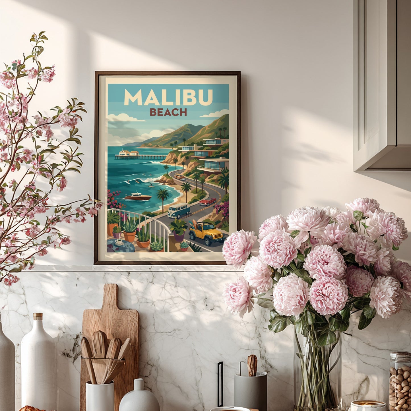 Retro illustration of Malibu Beach with vintage cars, coastal homes, and the ocean.