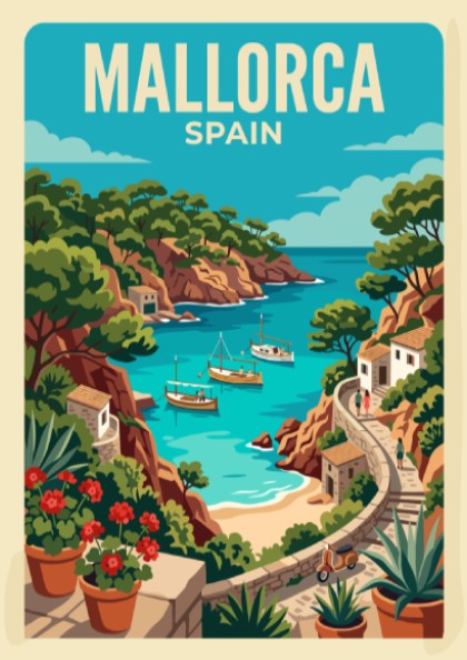 Mallorca Spain travel poster featuring boats in a turquoise cove with rocky cliffs.