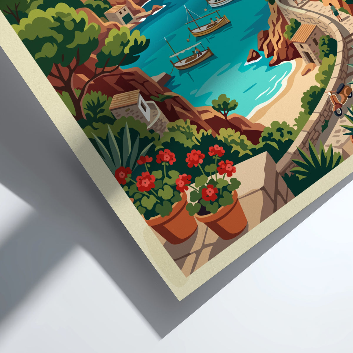 Mallorca Spain travel poster featuring boats in a turquoise cove with rocky cliffs.