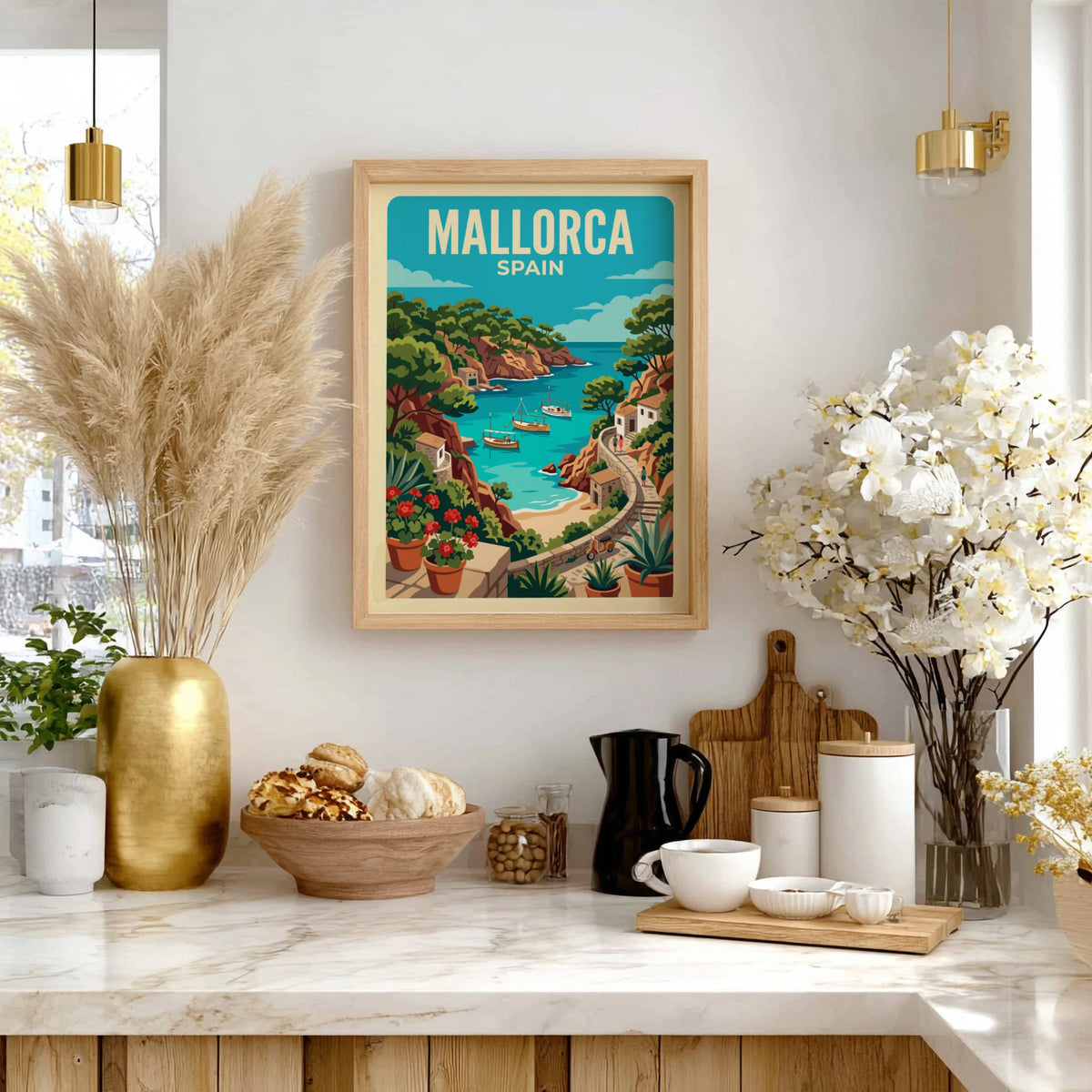 Mallorca Spain travel poster featuring boats in a turquoise cove with rocky cliffs.