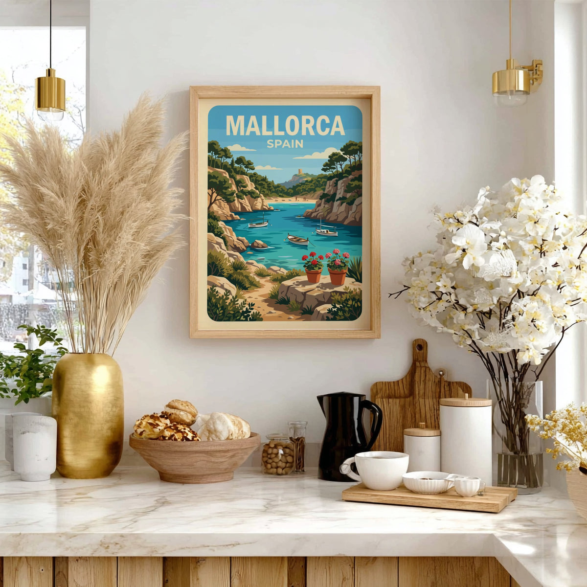 Poster of a Mallorca Spain cove with boats, rocky cliffs, and potted flowers.