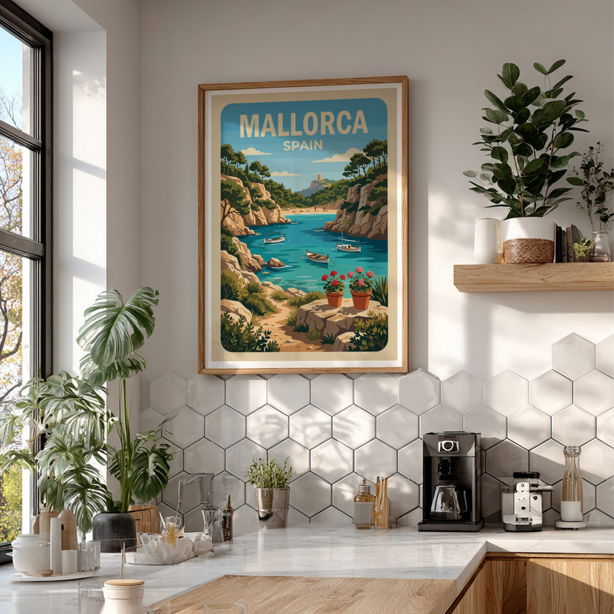 Poster of a Mallorca Spain cove with boats, rocky cliffs, and potted flowers.