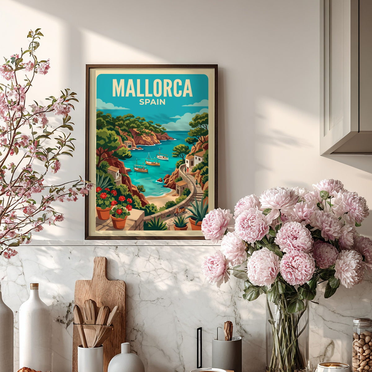 Mallorca Spain travel poster featuring boats in a turquoise cove with rocky cliffs.