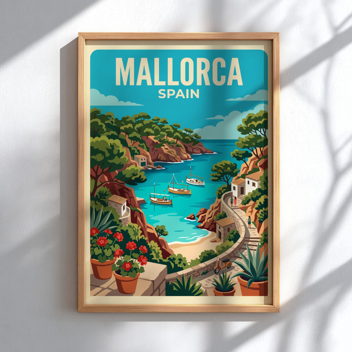 Mallorca Spain travel poster featuring boats in a turquoise cove with rocky cliffs.