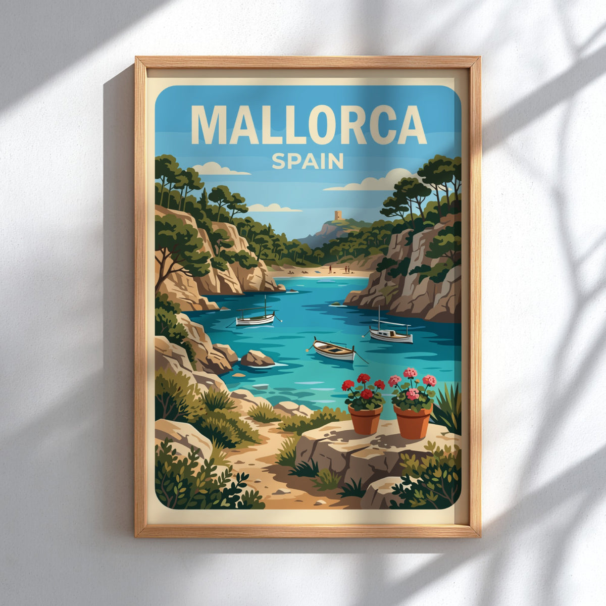 Poster of a Mallorca Spain cove with boats, rocky cliffs, and potted flowers.