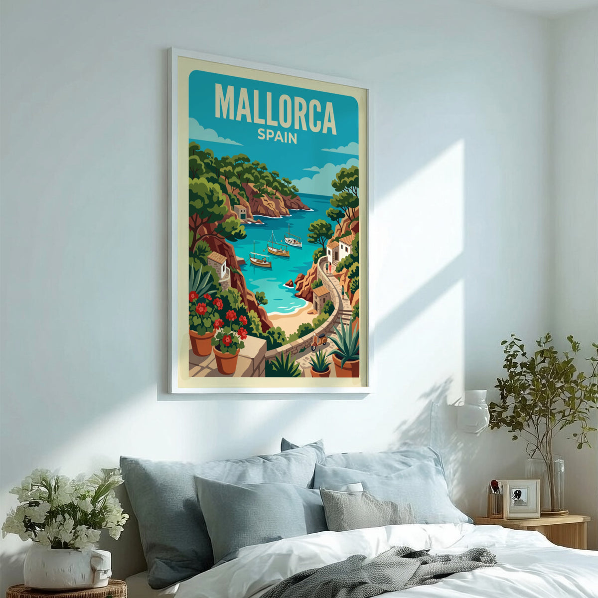Mallorca Spain travel poster featuring boats in a turquoise cove with rocky cliffs.