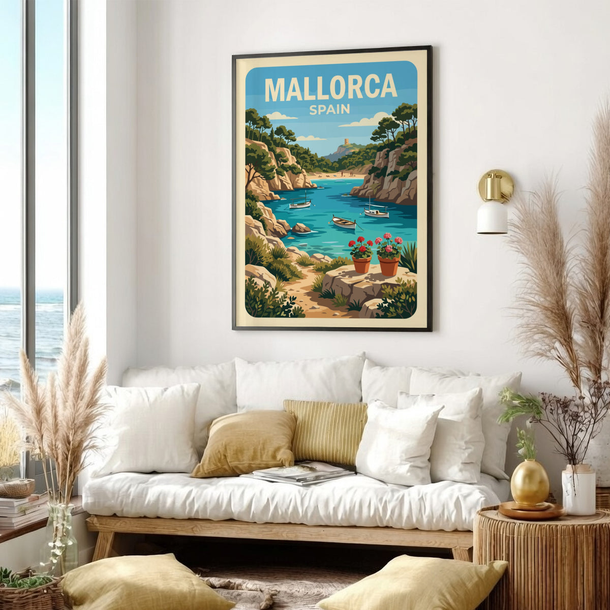 Poster of a Mallorca Spain cove with boats, rocky cliffs, and potted flowers.
