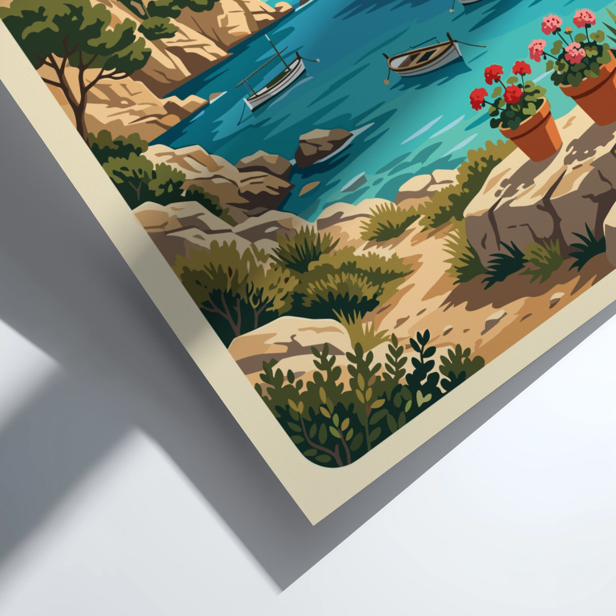 Poster of a Mallorca Spain cove with boats, rocky cliffs, and potted flowers.